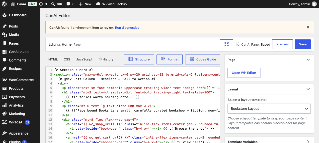 CanAI Editor with Twig and Tailwind markup