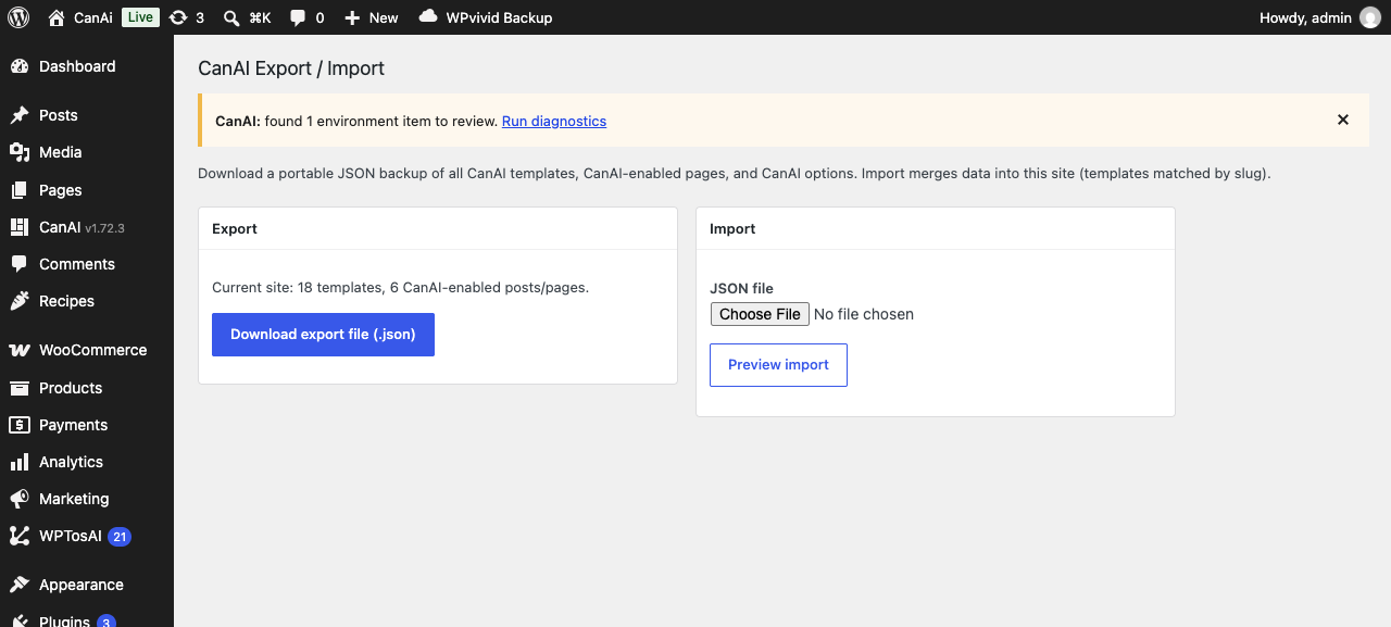 CanAI Export and Import page