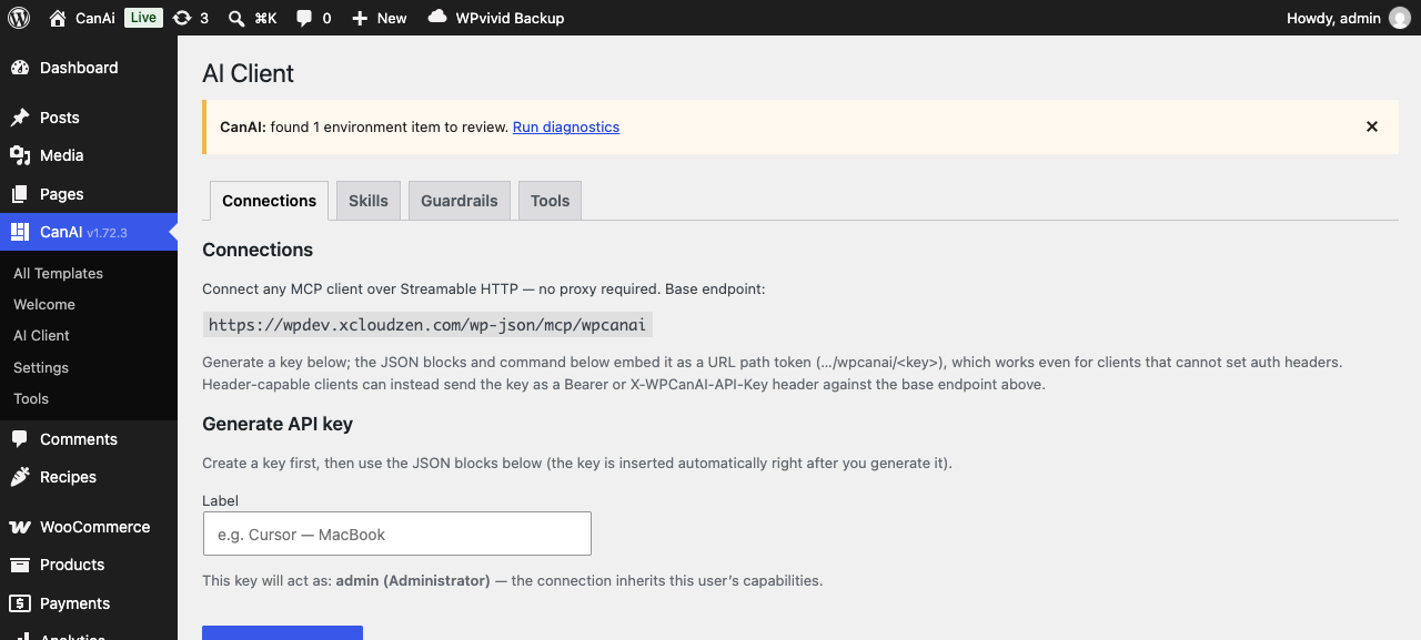 AI Client Connections with MCP endpoint and API key UI