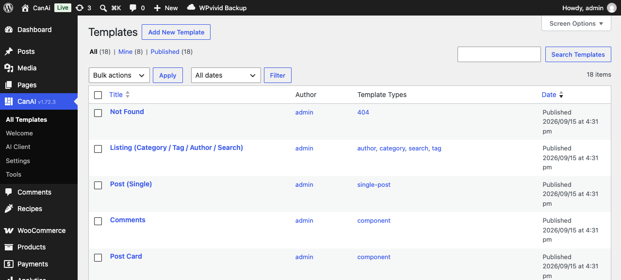 CanAI Templates list in wp-admin