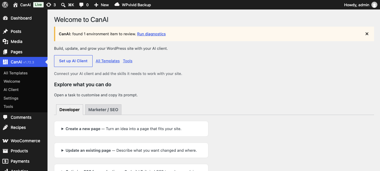 CanAI Welcome admin page